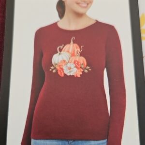 Jones New York Burgundy Long Sleeve Tee with Pumpkin Design